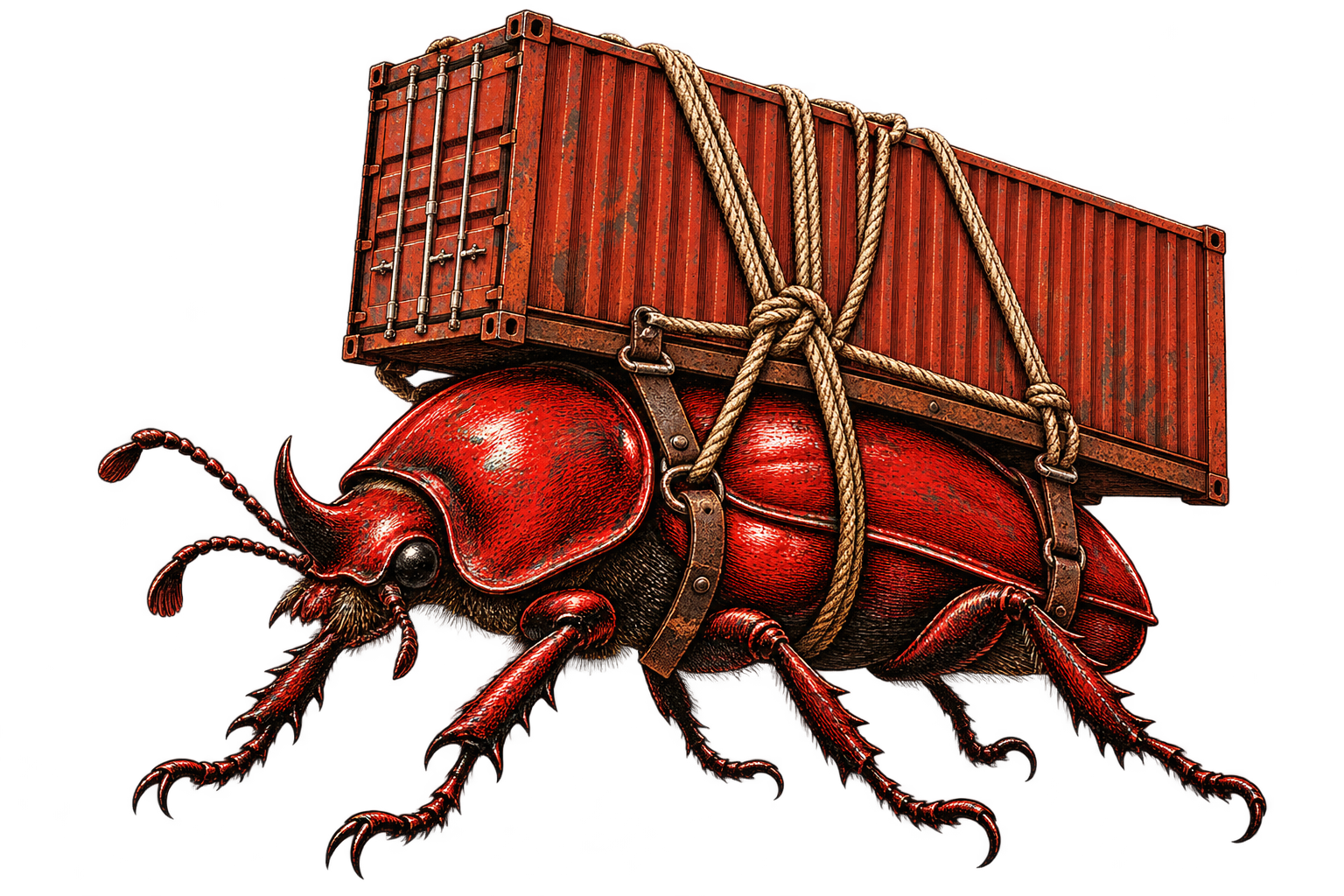A red business bug carrying a shipping container
